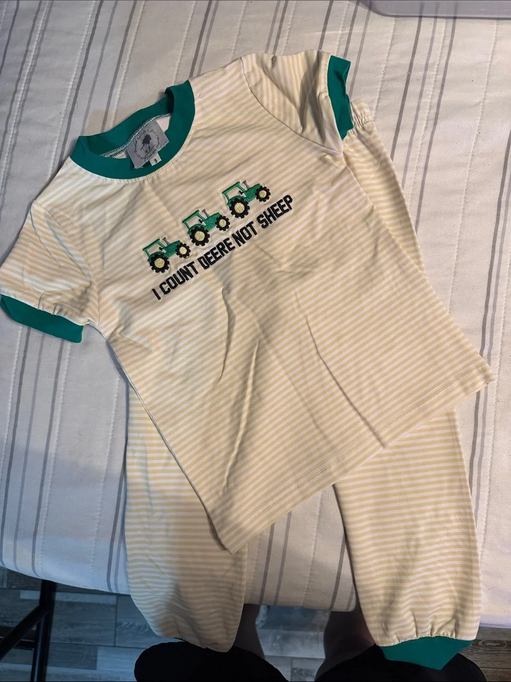 Kids Yellow Stripe Pajama Set with Green Trim - Tractor Graphic